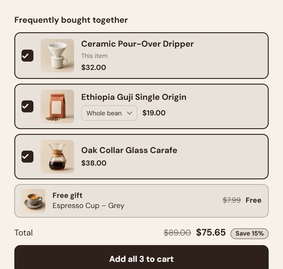 Breakly Bundles frequently bought together block: three brew items with a grind picker, a free espresso cup and the set total at 15% off