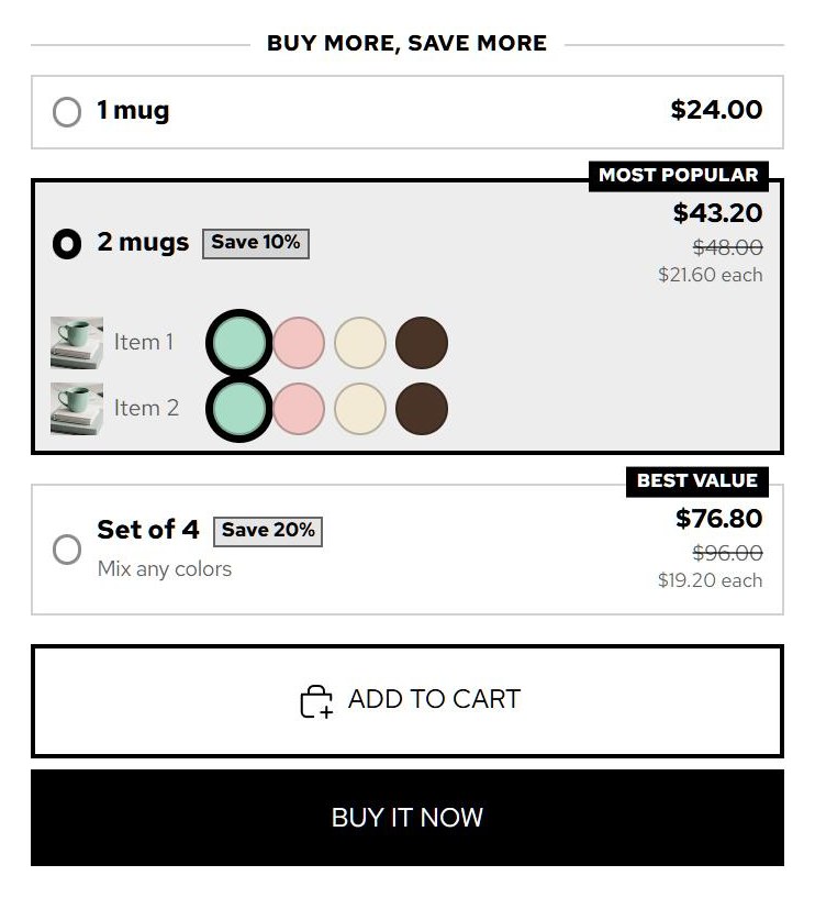 Breakly quantity breaks on a product page in the Atelier theme