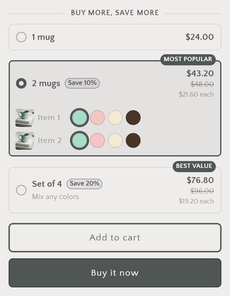 Breakly quantity breaks on a product page in the Craft theme