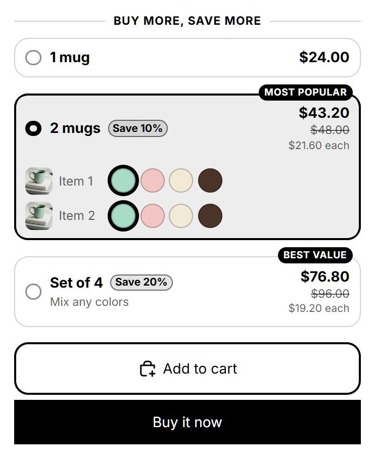 Breakly quantity breaks on a product page in the Horizon theme